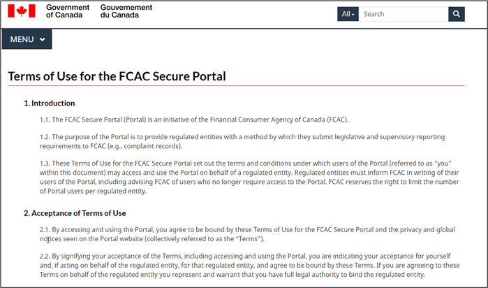 The Terms of Use for the FCAC Secure Portal page is displayed. The user must accept the terms to proceed.