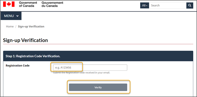 The Sign-Up Verification page is displayed. A text box allowing the user to input their registration code and the Verify button are pictured.