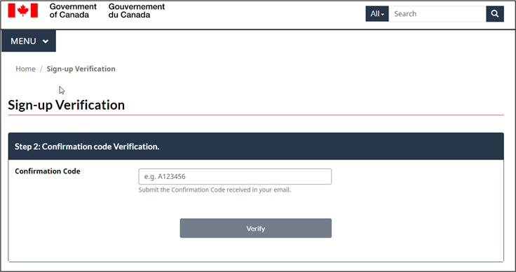 The Sign-Up Verification page is displayed. A text box allowing the user to input their confirmation code and the Verify button are pictured.