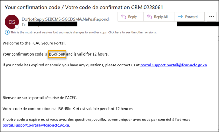 The email received by the user once the Terms of Use are accepted. The email contains a confirmation code which is valid for 12 hours.