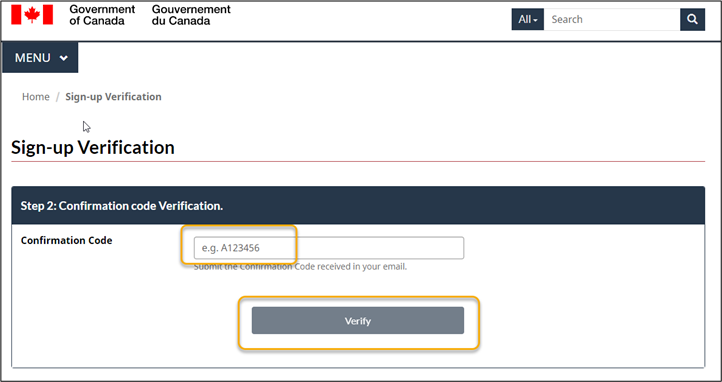 The Sign-Up Verification page is displayed. A text box allowing the user to input their confirmation code and the Verify button are pictured.