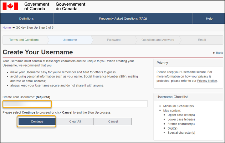 The Create Your Username page is displayed. The page provides recommendations and character requirements and allows the user to input a username.