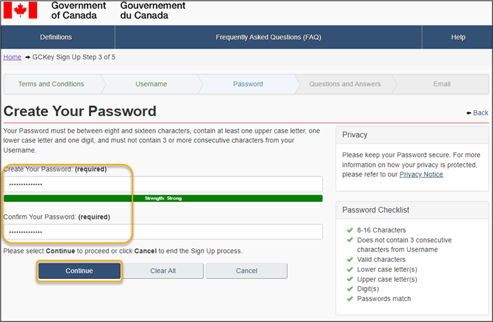 The Create Your Password page is displayed. The page provides character requirements and allows the user to input a password.