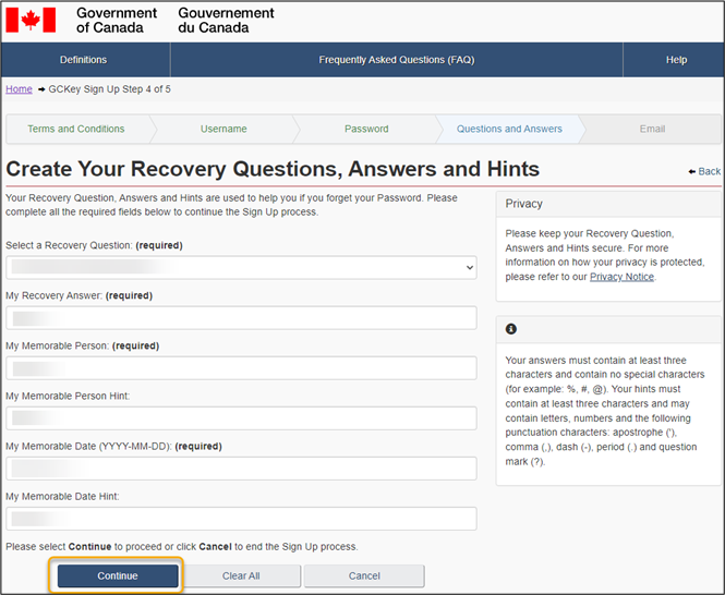 The Create Your Recovery Questions, Answers and Hints page is displayed. The user must complete the required fields for password recovery.