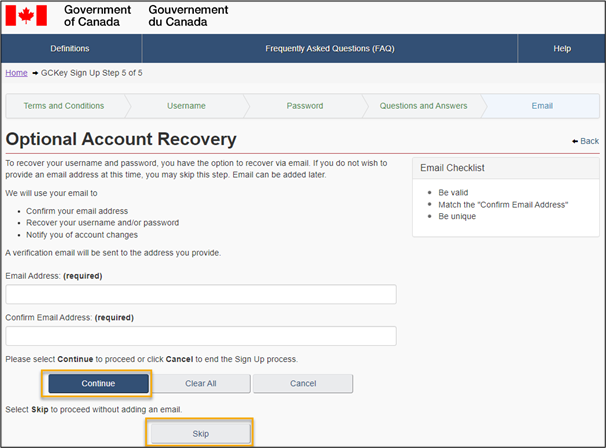  The Optional Account Recovery page is displayed. The user may enter an email address for account recovery.