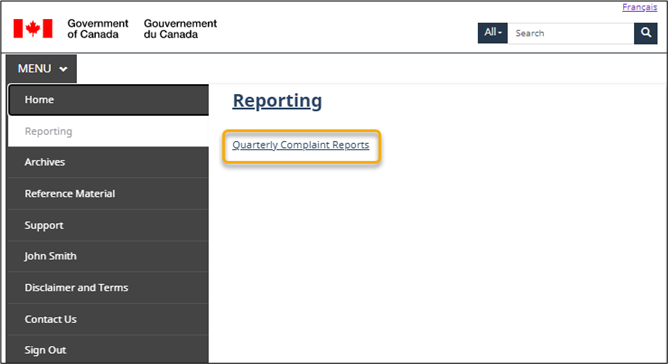 A Portal page is displayed. Click MENU, Reporting, and click Quarterly Complaint Reports.