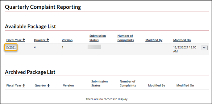 The Quarterly Complaint Reporting main page is displayed. The Package file is available from the Available Package List. 