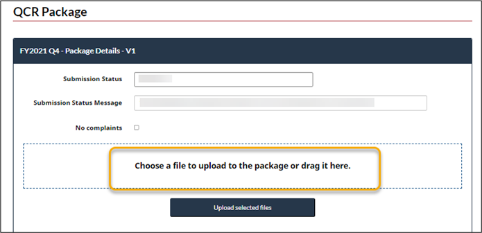 The upload page is displayed. The user can click to choose a file to upload to the package or drag it in the file box.