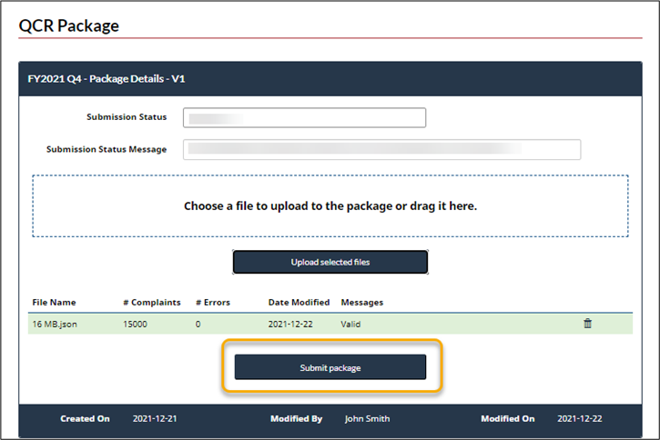 The upload page is displayed. The Submit package button is located below the list of uploaded files.