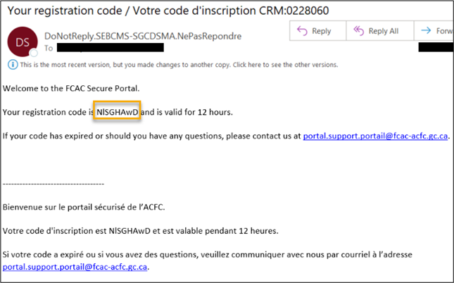 Le courriel reçu par l’utilisateur une fois celui-ci approuvé par l’ACFC. Le courriel contient un code d’inscription qui est valable pendant 12 heures.