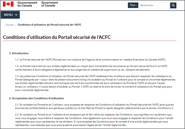 La page Conditions d’utilisation du Portail sécurisé de l’ACFC est affichée. L’utilisateur doit accepter les conditions pour continuer.