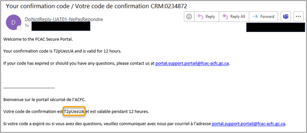 Le courriel reçu par l’utilisateur après que celui-ci ait accepté les conditions d’utilisation. Il contient un code de confirmation qui est valable pendant 12 heures.