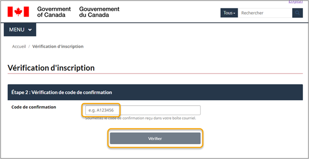 La page Vérification d’inscription est affichée. On peut voir une zone de texte où l’utilisateur doit entrer son code de confirmation et le bouton Vérifier.