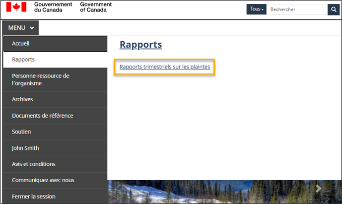 Une page du Portail est affichée. Cliquez sur MENU, sur Rapports, puis sur Rapports trimestriels sur les plaintes.